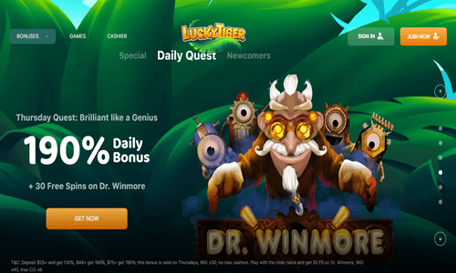 enjoy luckytiger's thursday quest 190 bonus and 30 free spins